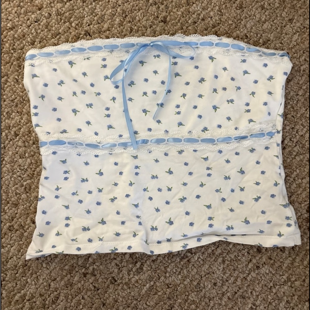 White Floral Tube Top with Blue Trim
